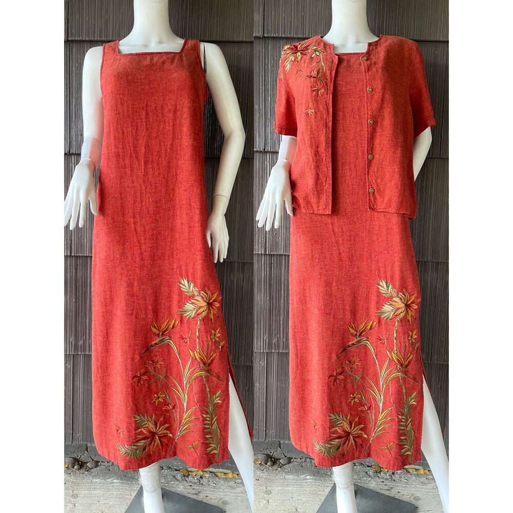 🔥2 Pc VTG Koret Linen Blend Embroidered Blouse Maxi Dress Boho Coastal Grandma